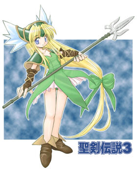 Rule 34 | 1girl, armor, blonde hair, blue eyes, bow, bridal gauntlets, brown bridal gauntlets, brown shoes, closed mouth, copyright name, dress, frills, full body, green bow, green dress, green helmet, green panties, hair bow, helmet, holding, holding polearm, holding weapon, long hair, looking at viewer, low-tied long hair, minami juujisei, panties, polearm, riesz, seiken densetsu, seiken densetsu 3, shoes, shoulder armor, smile, solo, standing, strapless, strapless dress, trident, underwear, very long hair, weapon
