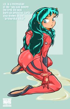 aqua_eyes aqua_hair commentary cone_horns green_background highres horns kneeling looking_back lum mecha_pilot_suit mushuku_(cgckfaoaoy4p1hx) neon_genesis_evangelion oni open_mouth plugsuit_(evangelion) pointy_ears small_horns urusei_yatsura wet wet_clothes wet_hair
