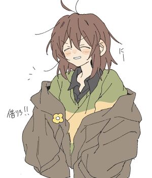 Rule 34 | 1other, ahoge, black shirt, brown coat, brown hair, chara (undertale), closed eyes, coat, collared shirt, dayama, flat color, green sweater, grin, highres, medium hair, messy hair, other focus, shirt, simple background, smile, solo, sweater, teeth, translation request, undertale, upper body, utdr (toby fox), v-shaped eyebrows, white background