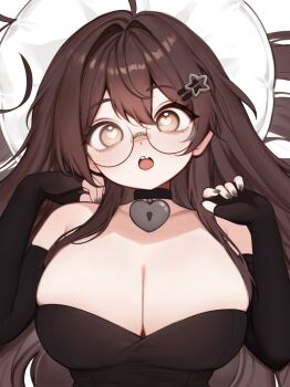 black_choker black_nails breasts brown_eyes brown_hair choker commentary english_commentary hair_ornament heart heart-shaped_lock heart-shaped_pupils heart_choker highres indie_virtual_youtuber large_breasts lock long_hair mousepad_(medium) open_mouth round_eyewear sky_above_me sky_above_me_(vtuber) star_(symbol) star_hair_ornament symbol-shaped_pupils virtual_youtuber