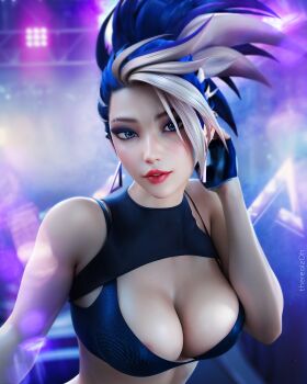 1girl 3d akali areola_slip artist_name black_bra black_gloves black_hair blonde_hair blue_eyes bra breasts cleavage earrings fingerless_gloves gloves hand_up highres jewelry k/da_(league_of_legends) k/da_akali k/da_all_out_akali league_of_legends lights looking_at_viewer medium_breasts multicolored_hair parted_lips ponytail red_lips solo streaked_hair two-tone_hair underwear upper_body zoh