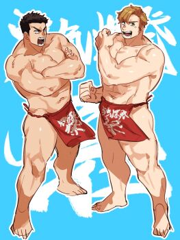 2boys abs ao_isami bara black_hair blonde_hair blush couple crossed_arms facial_hair from_above full_body highres large_pectorals lewis_smith loincloth looking_at_viewer male_focus multiple_boys muscular muscular_legs muscular_male official_alternate_costume pectorals pelvic_curtain shouting sideburns_stubble standing strongman_waist stubble thick_eyebrows thighs unfinished wanijima yaoi yuuki_bakuhatsu_bang_bravern