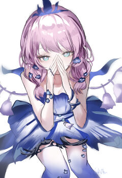 1girl absurdres arknights bare_shoulders blue_dress blue_eyes blue_flower blue_poison_(arknights) blue_poison_(nocturne_of_elysia)_(arknights) commentary_request dress flower hair_flower hair_ornament highres horobu leggings looking_at_viewer low-tied_sidelocks low_twintails medium_hair official_alternate_costume pink_hair sidelocks simple_background solo steepled_fingers strapless strapless_dress twintails twitter white_background
