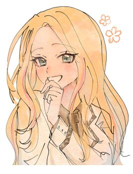 Rule 34 | 1girl, black necktie, blazer, blonde hair, blush, cropped torso, gakuen idolmaster, grey shirt, highres, idolmaster, jacket, juo sena, long hair, long sleeves, looking at viewer, necktie, pink streaks, shirt, simple background, smile, snouty basket, solo, straight hair, upper body, white background, white jacket