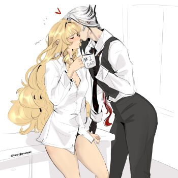 2girls arlecchino_(genshin_impact) black_hands black_pants black_streaks black_vest blonde_hair closed_eyes closed_mouth coffee_mug collared_shirt colored_extremities commentary cup english_commentary genshin_impact heart hickey highres holding holding_cup long_hair mug multiple_girls navia_(genshin_impact) pants seijousai shirt twitter_username vest white_hair yuri