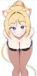 Rule 34 | 1girl, absurdres, aki rosenthal, alternate costume, animal ears, bikini, black bikini, blonde hair, blue eyes, blue shorts, blush, breasts, cat ears, cat tail, cleavage, eyepatch bikini, hair bun, hashtag-only commentary, heart, heart-shaped pupils, highres, hololive, kemonomimi mode, large breasts, looking at viewer, shiny skin, shorts, simple background, single hair bun, smile, solo, swimsuit, symbol-shaped pupils, tail, thighs, twin (tt lsh), virtual youtuber, white background