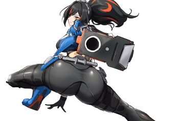 1girl ass black_hair breasts cropped_jacket from_behind gun higher_resolution_available highres huge_ass large_breasts long_hair looking_at_viewer looking_back multicolored_hair pants police police_uniform policewoman ponytail red_eyes red_hair shiroshisu sideboob solo two-tone_hair weapon zenless_zone_zero zhu_yuan