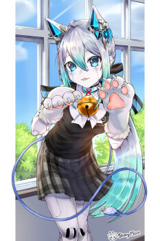 1girl :3 ahoge android animal_hands aqua_eyes aqua_hair artist_logo artist_name bell black_bow black_sweater_vest blue_eyes blue_sky bow bush cable cable_tail character_name choker collared_shirt colored_skin commentary_request fur-trimmed_gloves fur_trim gloves gradient_hair grey_skirt hair_between_eyes hair_bow highres indie_virtual_youtuber indoors jingle_bell joints large_bow logo long_hair long_sidelocks looking_at_viewer mechanical_ears mechanical_tail mixed-language_commentary multicolored_hair muted_asria name_tag neck_bell parted_lips paw_gloves pillarboxed plaid_clothes plaid_skirt pleated_skirt ponytail robot_joints school_uniform shirt short_sleeves sidelocks skirt sky slimymana spanish_commentary sweater_vest tail twitch_logo usb_cable very_long_hair virtual_youtuber white_gloves white_hair white_shirt white_skin window wing_collar
