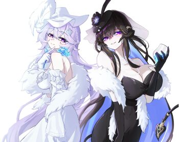 2girls black_hair black_swan_(honkai:_star_rail) black_swan_(recollection)_(honkai:_star_rail) breasts cleavage constance_(honkai:_star_rail) constance_(recollection)_(honkai:_star_rail) cup demon_horns demon_tail detached_sleeves drinking_glass flower fur_trim gloves hat hat_feather highres honkai:_star_rail honkai_(series) horns huge_breasts jewelry korean_commentary large_breasts long_hair maengkkong-i multiple_girls necklace official_alternate_costume pearl_necklace purple_eyes purple_hair rose sleeveless tail veil wine_glass yellow_eyes