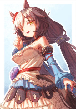 1girl animal_ears bare_shoulders blue_sleeves blush breasts brown_eyes brown_hair choker commentary_request creape detached_sleeves dress ear_scrunchie hair_between_eyes highres horse_ears horse_girl horse_tail large_breasts long_hair looking_at_viewer low_twintails multicolored_hair open_mouth pendant_choker red_choker red_scrunchie scrunchie smile solo tail twintails umamusume white_dress white_hair yamanin_zephyr_(fluttertail_spirit)_(umamusume) yamanin_zephyr_(umamusume)