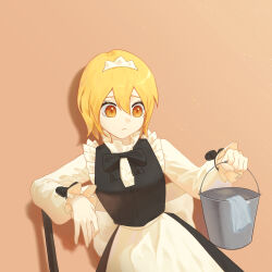 Rule 34 | 1girl, absurdres, apron, black bow, black bowtie, black dress, blonde hair, bow, bowtie, bucket, closed mouth, don quixote (project moon), dress, highres, holding, holding bucket, limbus company, long sleeves, looking to the side, maid apron, pink background, project moon, puffy long sleeves, puffy sleeves, shirt, short hair, simple background, sinlu, solo, upper body, white apron, white shirt, yellow eyes