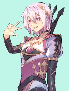 1boy androgynous armor babykatafan black_sleeves choker dragon fire_emblem fire_emblem_engage gem hair_between_eyes hair_ornament highres jewelry looking_at_viewer medium_hair nil_(fire_emblem) nintendo pants pendant rafal_(fire_emblem) red_eyes shirt shoulder_armor simple_background smile solo teeth v white_hair white_pants white_shirt