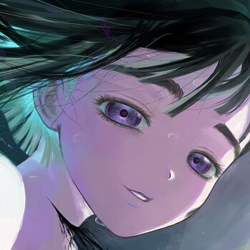 1girl alien_stage black_blood black_hair blood blood_from_neck close-up commentary highres kansouki looking_at_viewer parted_lips purple_eyes short_hair solo sua_(alien_stage) sweat