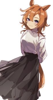 1girl alternate_costume amano_(amano_miko) animal_ears black_skirt blush breasts closed_mouth hair_between_eyes highres horse_ears horse_girl horse_tail long_sleeves looking_at_viewer medium_hair orange_hair orange_tail purple_eyes shirt simple_background skirt solo t.m._opera_o_(umamusume) tail umamusume white_background white_shirt
