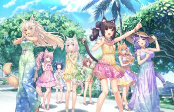 6+girls :d alternate_hairstyle animal_ear_fluff animal_ear_hairband animal_ears arm_strap azuki_(nekopara) bare_legs bell black_hair blonde_hair blue_eyes blue_nails blue_sky bracelet braid breasts brown_eyes brown_hair brown_tail cat_ears cat_girl cat_tail cellphone chocola_(nekopara) cinnamon_(nekopara) cleavage closed_eyes closed_mouth clothes_writing cloud coconut_(nekopara) day double_bun dress fake_animal_ears fake_tail floral_print food food-themed_hair_ornament food_print fraise_(nekopara) fruit fruit_hair_ornament fruit_print game_cg grass green_eyes green_nails hair_bun hair_ornament hair_scrunchie hairband hat headband heterochromia highres holding holding_phone jewelry large_breasts lime_hair_ornament logo long_hair looking_afar looking_ahead looking_at_viewer low_twintails maple_(nekopara) medium_breasts minazuki_shigure multicolored_dress multiple_girls nail_polish neck_bell nekopara non-web_source official_art one_eye_closed open_mouth orange_eyes orange_hair orange_nails outdoors own_hands_together pale_skin palm_tree phone pineapple_hair_ornament pink_dress pink_hair pink_nails pink_ribbon pointing ponytail print_dress purple_hair purple_nails ribbon sandals sayori_(neko_works) scrunchie shoes short_hair siblings side_ponytail single_wrist_cuff sisters skindentation sky slit_pupils small_breasts smartphone smile star_(symbol) striped_tail sundress sunglasses swimsuit swimsuit_under_clothes tail tail_cuff tail_ornament tail_scrunchie tan thigh_strap toenail_polish toenails tree twin_braids twins twintails two_side_up vanilla_(nekopara) watermelon watermelon_hair_ornament watermelon_slice wavy_hair white_hair white_tail wrist_cuffs wrist_scrunchie yellow_eyes yellow_nails