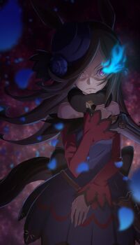 1girl animal_ears bare_shoulders black_dress black_hair blue_flower blue_hat blue_rose brown_hair commentary_request dagger dress flaming_eye flipped_hair flower fur_choker hair_over_one_eye hat hat_flower highres holding holding_dagger holding_knife holding_weapon horse_ears horse_girl horse_tail knife long_hair long_sleeves looking_at_viewer off-shoulder_dress off_shoulder ogi_non purple_eyes rice_shower_(rosy_dreams)_(umamusume) rice_shower_(umamusume) rose solo tail tilted_headwear umamusume weapon