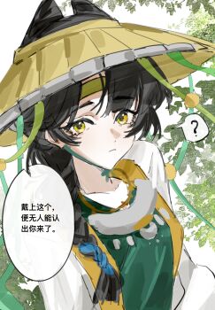Rule 34 | 1girl, ?, black hair, brown hat, chinese commentary, chinese text, chinstrap, closed mouth, coat, commentary request, cone hair bun, double bun, green headband, green robe, hair bun, hat, headband, highres, jingshen kongji, leaf, liang yue (reverse:1999), long braid, looking at viewer, official alternate costume, reverse:1999, rice hat, robe, sketch, solo, speech bubble, spoken question mark, translation request, upper body, white background, white coat, yellow eyes