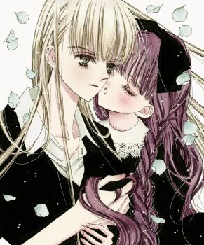 2girls blonde_hair blush braid closed_eyes falling_leaves highres holding_another&#039;s_hair imminent_kiss leaf long_hair multiple_girls nui_nakato original red_hair wind