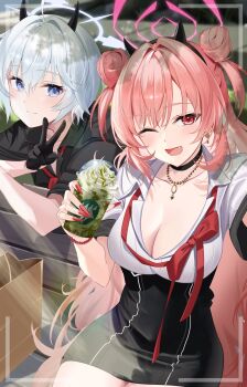 Rule 34 | 2girls, ;d, arm support, bead bracelet, beads, bench, black choker, black gloves, black hairband, black shirt, black skirt, blue archive, blue eyes, blush, bow, bowtie, bracelet, breasts, choker, cleavage, closed mouth, collarbone, collared shirt, commentary, cowboy shot, cup, dappled sunlight, day, demon girl, demon horns, disposable cup, double bun, dress shirt, earrings, erika (blue archive), eyelashes, fake horns, fang, fingernails, gehenna academy logo, gloves, grey hair, gyaru, hair between eyes, hair bun, hair intakes, hairband, halo, hand up, happy, high-waist skirt, highres, horn hairband, horns, jewelry, kirara (blue archive), kogal, large breasts, long fingernails, long hair, looking at viewer, milkshake, multiple girls, nail polish, necklace, on bench, one eye closed, open mouth, outdoors, pencil skirt, pink hair, pink halo, red bow, red bowtie, red eyes, red nails, school uniform, selfie, shirt, short hair, sidelocks, sitting, skirt, smile, split mouth, sunlight, tenki nori, tsurime, two side up, undone bowtie, upper body, v, very long hair, viewfinder, wavy hair, white halo, white shirt