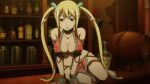 1girl animated barefoot bikini blonde_hair bracelet breasts cleavage dancing fairy_tail feet floral_pattern gemini_(fairy_tail) harem_outfit highres jewelry large_breasts loincloth lucy_heartfilia soles swimsuit tagme toes twintails underboob video wide_hips