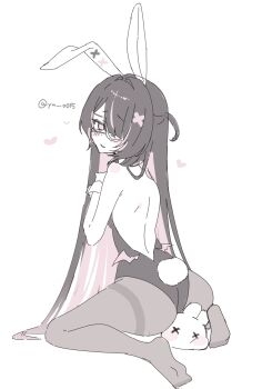 1girl animal_ears ass black_hair black_leotard colored_inner_hair commentary_request fake_animal_ears fake_tail from_behind full_body grey_pantyhose hair_ornament hair_over_one_eye heart highres leotard long_hair looking_at_viewer multicolored_hair no_shoes one_eye_covered original pantyhose parted_bangs parted_lips pink_eyes pink_streaks playboy_bunny rabbit_ears rabbit_tail simple_background sitting sketch solo strapless strapless_leotard streaked_hair tail thighband_pantyhose very_long_hair wariza white_background white_wrist_cuffs wrist_cuffs x_hair_ornament yu_o015