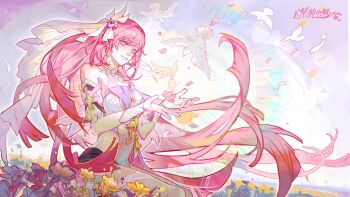 1girl absurdres bare_shoulders bird chinese_commentary commentary_request corset dove elysia_(herrscher_of_human:_ego)_(honkai_impact) elysia_(honkai_impact) field flower flower_field gloves highres honkai_(series) honkai_impact_3rd liuliuyan13211 long_hair pink_hair purple_eyes second-party_source sky solo triquetra veil very_long_hair white_corset white_gloves white_veil