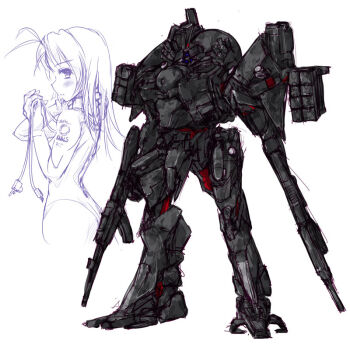 1girl armored_core bodysuit dual_wielding female_focus fromsoftware gun holding long_hair mecha monochrome nekohige plug rifle robot rocket_launcher solo spot_color weapon white_background