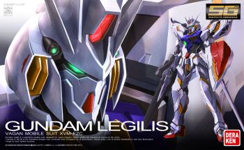 absurdres beam_rifle box_art character_name commentary_request deraken energy_gun fake_box_art green_eyes gun gundam gundam_age gundam_legilis gunpla highres holding holding_gun holding_weapon logo_parody mecha mobile_suit model_kit no_humans robot shield v-fin weapon