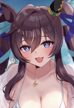 1girl :3 animal_ears blue_eyes blush breasts brown_hair butterfly_necklace ear_covers hair_between_eyes hair_ornament highres horse_ears horse_girl kaniitama looking_at_viewer mole mole_under_eye multicolored_hair open_mouth purple_eyes solo streaked_hair swimsuit twintails umamusume vivlos_(umamusume)