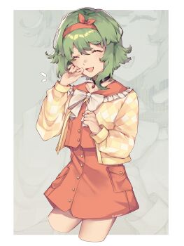 1girl ^^^ a.i._voice absurdres argyle_cardigan argyle_clothes bow_hairband cardigan closed_eyes frilled_sailor_collar frills green_hair gumi gumi_(a.i._voice) hairband hand_on_own_cheek hand_on_own_face hand_up hands_up headband highres laughing open_mouth orange_hairband orange_headband orange_nails orange_sailor_collar orange_shirt orange_skirt pendant_choker sailor_collar shiokaru shirt short_hair_with_long_locks skirt smile solo vocaloid yellow_cardigan zoom_layer
