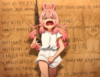 &gt;_&lt; 1girl ahoge animal_ears braid english_text full_metal_jacket gun highres holding holding_gun holding_weapon khyle. long_hair m1_garand phase_connect pipkin_pippa rabbit_ears rabbit_girl rifle rifleman&#039;s_creed scene_reference shirt shorts twin_braids virtual_youtuber weapon white_shirt white_shorts