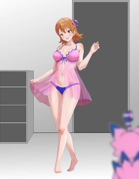 Rule 34 | 1girl, absurdres, blush, breasts, digimon, digimon (creature), highres, nightgown, omeka gamma, piyomon, short hair, takenouchi sora