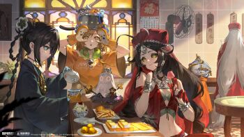 Rule 34 | 4girls, :o, absurdres, aleph (xinyue tongxing), antenna hair, arms up, bare shoulders, black hair, bowl, braid, braided hair rings, brown hair, buzhichun (xinyue tongxing), calendar (object), coat, colored sclera, copyright name, copyright notice, counter, dim sum, double bun, electric fan, food, french fries, gangdise (xinyue tongxing), globe, gloves, green coat, green eyes, green sclera, hair bun, hair rings, hand on own cheek, hand on own face, hands up, head rest, highres, holding, holding bowl, holding food, holding teapot, indoors, logo, looking at another, looking at viewer, low twin braids, midriff, mittens, multiple girls, navel, official art, official wallpaper, partially fingerless gloves, plate, pot on head, pouring, profile, red gloves, red shirt, restaurant, shirt, short hair, short sleeves, sleeveless, sleeveless shirt, smile, sweat, teapot, tile wall, tiles, twin braids, upper body, wavy mouth, white hair, window, xinyue tongxing, xufei (xinyue tongxing), yellow eyes, yellow mittens, yellow shirt