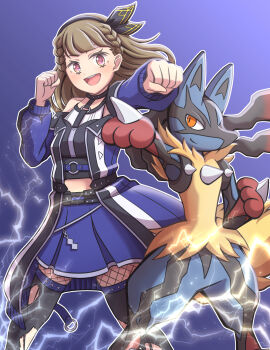 1girl 1other ampere_(love_live!) arm_up black_pantyhose black_shirt black_thighhighs blue_coat braid brown_hair center-flap_bangs coat commentary_request crossover electricity feet_out_of_frame fishnet_pantyhose fishnets ganbarai gen_4_pokemon highres kachimachi_kosuzu link!_like!_love_live! long_hair looking_at_viewer love_live! lucario mega_lucario mega_pokemon midriff nintendo off-shoulder_coat off_shoulder orange_eyes outline outstretched_arm pantyhose pink_eyes pokemon pokemon_(creature) purple_background shirt side_braids sleeveless sleeveless_shirt thighhighs torn_clothes torn_thighhighs v-shaped_eyebrows white_outline