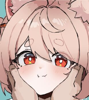 1girl animal_ear_fluff animal_ears bright_pupils closed_mouth furry furry_female green_background hands_on_another&#039;s_cheeks hands_on_another&#039;s_face long_hair looking_at_viewer minez pink_fur pink_hair portrait pov pov_hands rabbit_ears rabbit_girl red_eyes simple_background thick_eyebrows white_pupils zenless_zone_zero zhao_(zenless_zone_zero)