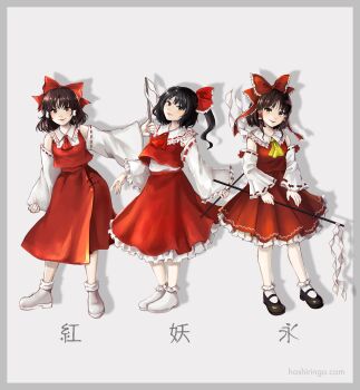 3girls absurdres ascot black_hair bow brown_eyes brown_footwear brown_hair collar detached_sleeves embodiment_of_scarlet_devil frilled_bow frilled_collar frills gohei hair_bow hair_tubes hakurei_reimu highres hoshiringo0902 immaterial_and_missing_power japanese_clothes lips long_hair looking_at_viewer medium_hair miko multiple_girls nontraditional_miko perfect_cherry_blossom pleated_skirt ponytail red_ascot red_bow ribbon-trimmed_sleeves ribbon_trim shoes short_hair sidelocks skirt skirt_set smile socks touhou white_legwear wide_sleeves yellow_ascot