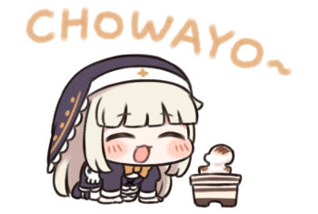 1girl :3 ^_^ all_fours chibi closed_eyes commentary_request cooking food grill grilling long_hair meme mochi nipruku solo speaki_(trickcal) speakiposting_(meme) trickcal white_background
