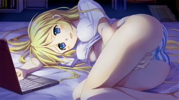 1girl akino_takehiko ass bare_legs bed blonde_hair blue_eyes blush breasts computer covered_erect_nipples dark female_focus female_masturbation game_cg laptop long_hair lying masturbation masturbation_through_clothes no_bra no_pants on_bed on_side panties pussy_juice sasaki_hinahime shirt smile solo striped_clothes striped_panties sumire_(game) t-shirt underboob underwear wet wet_clothes wet_panties