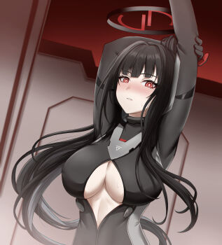 1girl absurdres arms_up black_bodysuit black_hair black_halo blue_archive blunt_bangs blush bodysuit breasts bright_pupils cleavage commentary hair_ornament halo highres impossible_bodysuit impossible_clothes large_breasts latex latex_bodysuit long_hair looking_at_viewer multicolored_halo nose_blush official_alternate_costume official_alternate_hairstyle open_bodysuit open_clothes parted_lips partially_unzipped ponytail raimusamu red_eyes ringed_eyes rio_(armed)_(blue_archive) rio_(blue_archive) sidelocks skin_tight solo standing stretching sweat two-tone_halo upper_body very_long_hair white_pupils