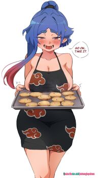 1girl absurdres animanghayo apron baking_sheet black_apron blue_hair blush breasts clip_studio_paint_(medium) cloud_print commentary cookie english_commentary english_text food gradient_hair half-closed_eyes highres holding holding_tray large_breasts looking_at_viewer mayu_(animanghayo) multicolored_hair naked_apron nipple_slip nipples orange_hair original purple_nails simple_background solo speech_bubble subscribestar_logo subscribestar_username symbol-only_commentary thick_eyebrows thighs tray two-tone_hair watermark web_address white_background xiangyun