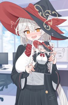 !? 1girl artist_name black_hat black_jacket black_skirt blue_archive blue_sky blush bow bowtie braid breasts buttons chair cloud collared_shirt commentary_request computer_mouse crossed_bangs day desk diagonal-striped_bow diagonal-striped_bowtie diagonal-striped_clothes doodle_sensei_(blue_archive) earrings embarrassed eri_(blue_archive) flying_sweatdrops hair_between_eyes halo hands_up hat hat_ribbon highres holding indoors jacket jewelry kurumi_lm large_breasts long_hair long_sleeves looking_at_viewer monitor multicolored_hair multiple_rings open_clothes open_jacket open_mouth orange_eyes pleated_skirt red_bow red_ribbon red_streaks red_trim ribbon ring sensei_(blue_archive) shirt shirt_tucked_in side_halo signature single_braid single_earring skirt sky solo standing streaked_hair striped_bow striped_bowtie striped_clothes sweatdrop swivel_chair triangle_earrings two-sided_fabric two-sided_headwear very_long_hair white_hair white_shirt window witch_hat yellow_halo