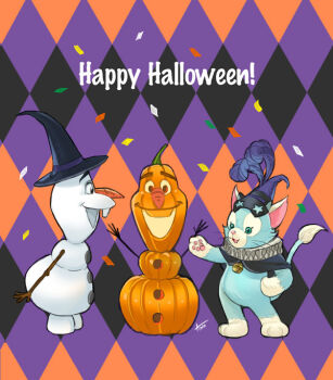 2boys animal_ears ano_(sbee) braid carrot cat_ears duffy_and_friends frozen_(disney) full_body furry furry_male gelatoni green_fur looking_at_viewer multiple_boys no_humans olaf_(frozen) shirt single_braid smile snowman standing stuffed_animal stuffed_toy