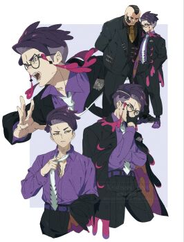 2boys arm_up black-framed_eyewear black_coat black_gloves black_hair black_pants coat collared_shirt commentary_request corbeau_(pokemon) cropped_legs facial_hair glasses gloves highres holding holding_unworn_clothes layered_sleeves long_sleeves male_focus mohawk multiple_boys multiple_views necktie nintendo no_eyewear open_collar orange_necktie pants parted_hair philippe_(pokemon) pokemon pokemon_legends:_z-a purple_hair purple_shirt round_eyewear shirt shirt_tucked_in shoes short_hair sss_dxd standing two-sided_coat two-sided_fabric watermark white_necktie