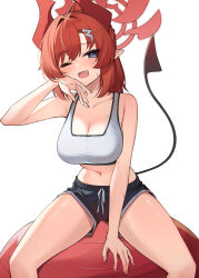 Rule 34 | 1girl, ;d, absurdres, black shorts, blue archive, blue eyes, breasts, cleavage, halo, hashtag-only commentary, highres, horns, large breasts, looking at viewer, medium hair, megu (blue archive), midriff, navel, one eye closed, open mouth, pointy ears, red hair, red halo, red horns, shorts, simple background, smile, solo, tail, thighs, white background, ziro (zirorong)