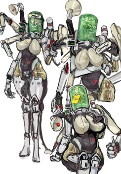 1girl brain breasts exposed_brain extra_arms goggles highres jar joints mechanical_arms mechanical_legs monitor needle original robot_girl satellite_dish screen sfour_s4 sitting solo standing sticky_note syringe thumbs_up v wide_hips wire