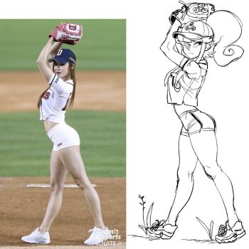 1boy 1girl angry ass baseball baseball_cap baseball_glove baseball_uniform demi_(dizzyspells) dizzyspells eyelashes feminine frown full_body hat long_hair looking_to_the_side midriff one_glove original ponytail reference_photo reference_work shoes shorts sidelocks sneakers sportswear trap