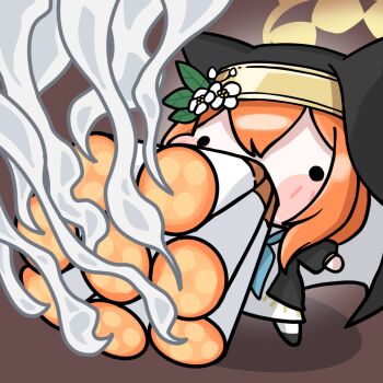 ._. 1girl animal_ears black_veil blue_archive blue_neckerchief blush brown_background cat_ears cat_girl chibi chibi_only commentary_request dress halo highres korean_commentary mari_(blue_archive) multiple_cigarettes_in_mouth neckerchief nun orange_hair shiny_goldbug smoke smoking solo standing too_many_cigarettes veil white_dress yellow_halo