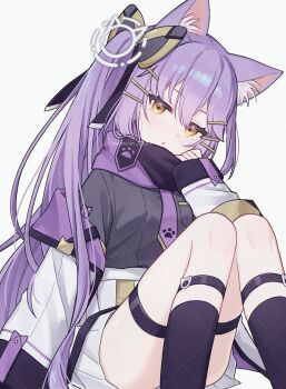 Rule 34 | 1girl, absurdres, animal ears, black shirt, black socks, blush, cat ears, cat girl, commentary, commission, dot nose, feet out of frame, hair between eyes, highres, indie virtual youtuber, jacket, knees up, kuro kazuki, legwear garter, long hair, looking at viewer, miniskirt, namin (namin star), necktie, off shoulder, open clothes, open jacket, parted lips, pleated skirt, purple hair, purple necktie, shirt, simple background, sitting, skeb commission, skirt, socks, solo, twitter username, virtual youtuber, white background, white jacket, white skirt, yellow eyes