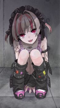 1girl :3 arm_strap bare_shoulders black_arm_warmers black_headdress black_leg_warmers black_ribbon blunt_bangs chain chain_bracelet chain_necklace colored_inner_hair concrete crop_top fangs flame_print food_print fruit_print full_body grey_hair hair_intakes hair_ribbon heart heart_print highres hugging_own_legs jewelry knees_up ldu_a0 leaning_forward leg_belt leg_warmers legs_together lightning_bolt_print looking_at_viewer maid_headdress makaino_ririmu makaino_ririmu_(6th_costume) multicolored_hair necklace nijisanji no_jacket on_floor pendant pink_hair pink_shoes pink_streaks plaid_clothes red_eyes ribbon shoes short_hair shoulder_tattoo sitting sleeveless smile solo strawberry_print streaked_hair tattoo two-tone_hair two_side_up virtual_youtuber