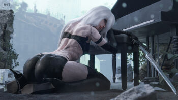 1girl 3d a2_(nier:automata) android ass blender_(medium) blue_eyes blurry blurry_background closed_mouth commentary english_commentary grand_piano high_heels highres holding holding_sword holding_weapon instrument long_hair looking_at_viewer median_furrow nier:automata nier_(series) outdoors piano seven_(sixplusone) sitting solo sword wariza weapon whale_tail_(clothing) white_hair